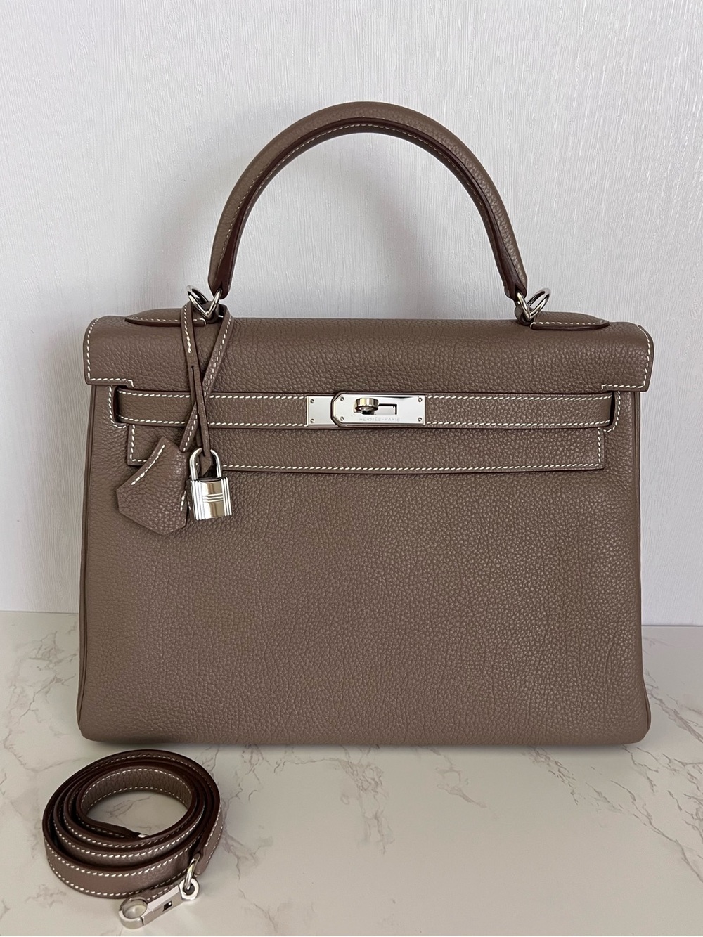 SOLD Hermes Kelly 32 Etoupe Togo Leather with Palladium Hardware